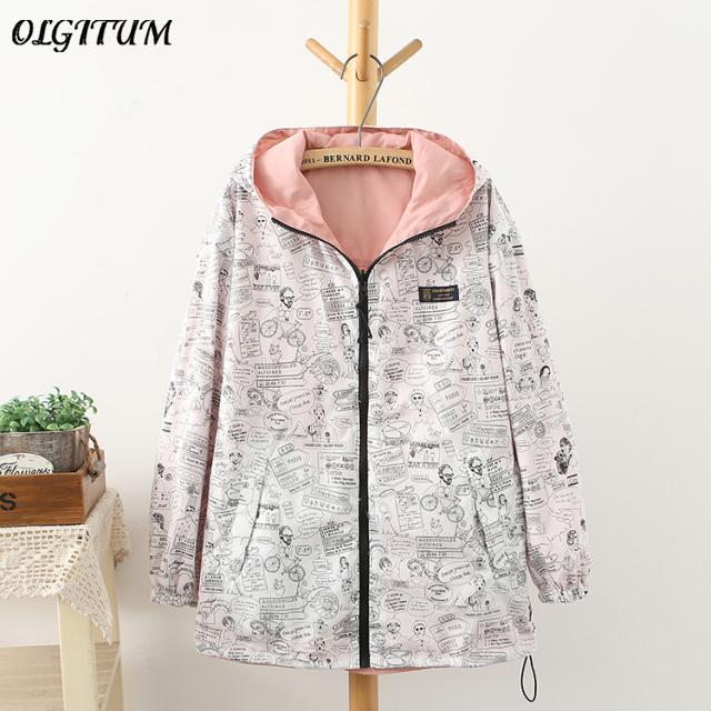 Spring Fashion Women Bomber Women Jacket Pocket Zipper Hooded Two Side Wear Cartoon Print Outwear