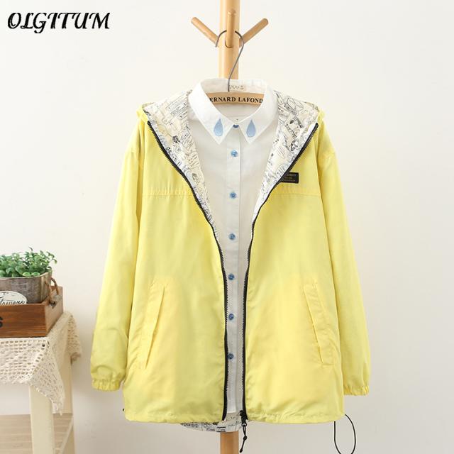 Spring Fashion Women Bomber Women Jacket Pocket Zipper Hooded Two Side Wear Cartoon Print Outwear