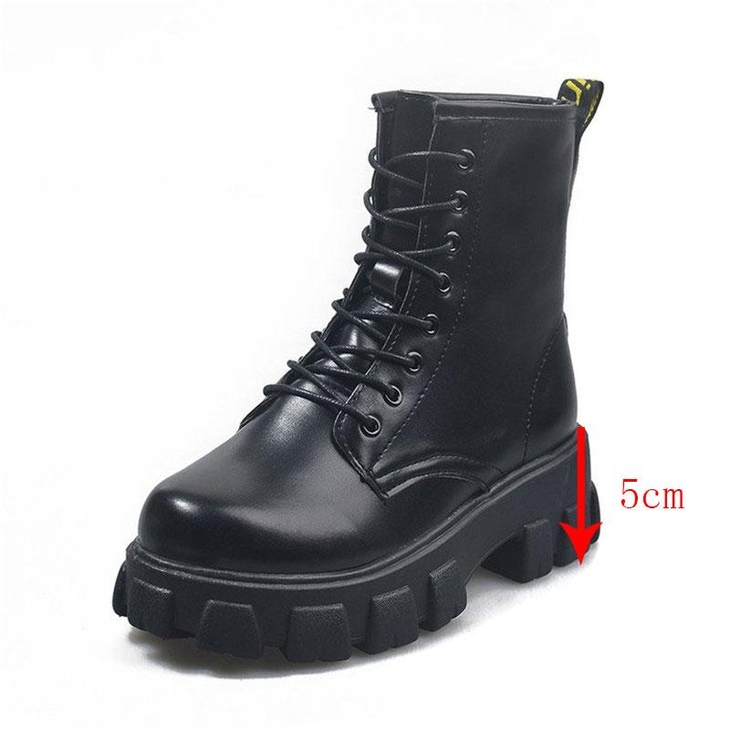 Black Leather Round Toe Lace-up Chunky Heel Boots 