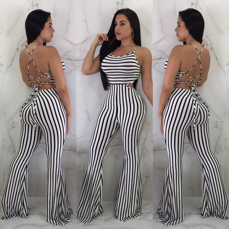 Stripes High Waist Wide Leg Bandage Halter Jumpsuits