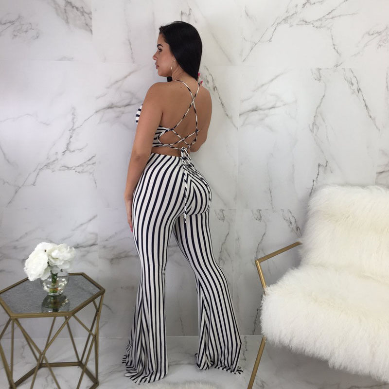 Stripes High Waist Wide Leg Bandage Halter Jumpsuits