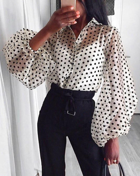 Women Mesh Sheer Blouse See-through Lantern Long Sleeve  Blouse Fashion Pearl Button Transparent White Shirt