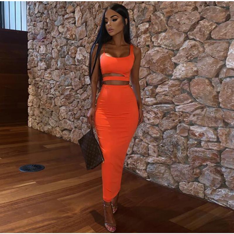 Long Skirts Two Piece Set Summer Party Wear Women Two Piece Outfits Sexy Sleeveless Plus Size 2 Piece Skirt Set