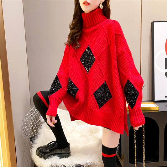 Loose High Neck Diamond Thickened Sweater