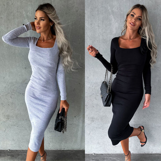 Solid Color Square Neck Elegant Bodycon Dress