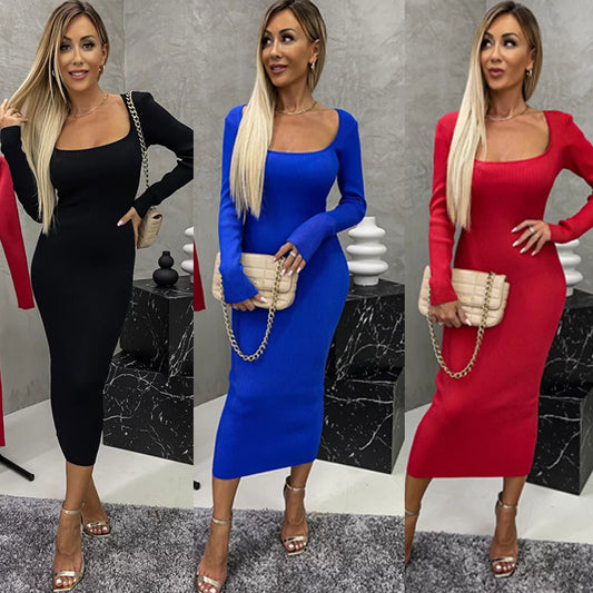 Solid Color Long Sleeve Elegant Women's Maxi Dress