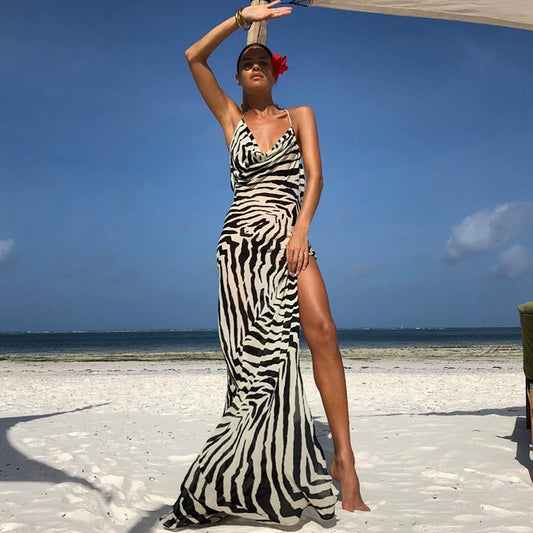 Sultry Slit Halter Alluring Prints Maxi Dress