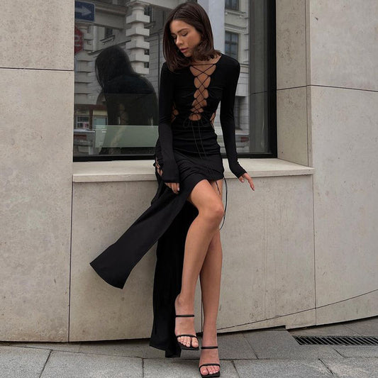 Sultry Hollow-Out Lace-Up Bodycon High Slit Long Sleeves Dress