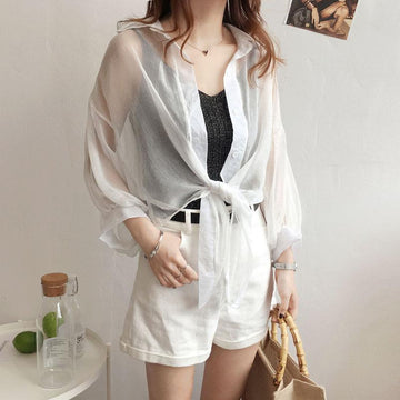 Chiffon Shirts Women Summer Half Sleeve Buttoned Up Shirt Loose Casual Blouse Tied Waist Elegant Blouses For Women