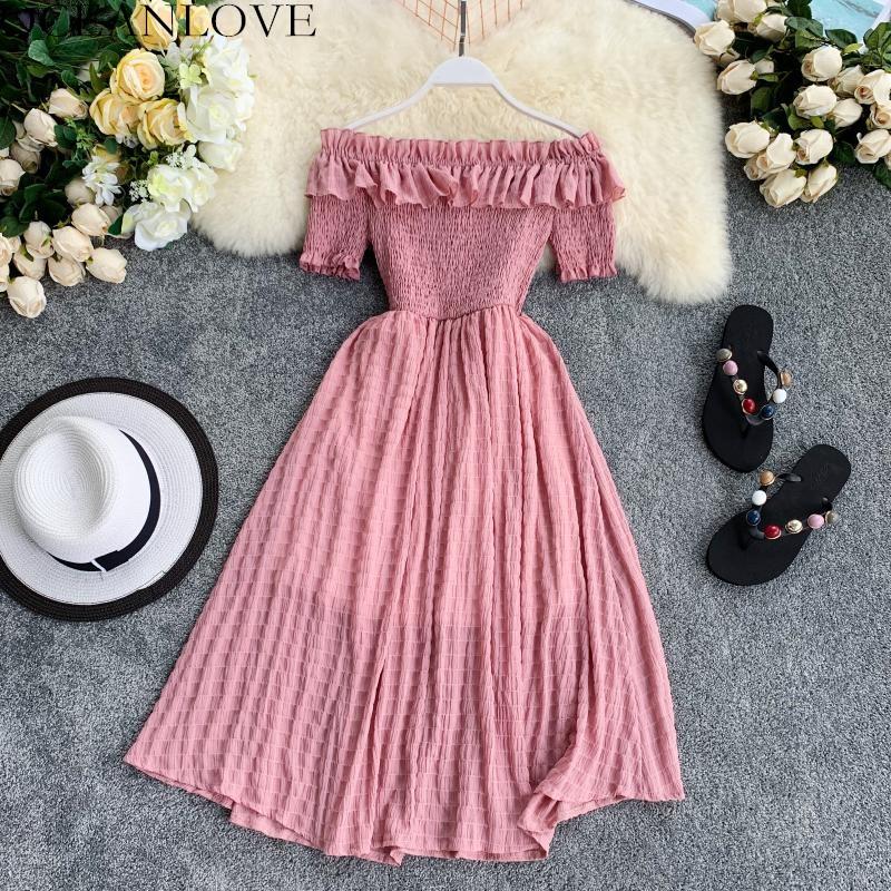 Women Summer Dresses Plaid Slash Neck Off Shouder Solid Vestidos Ruffles A-Line High Waist Dress