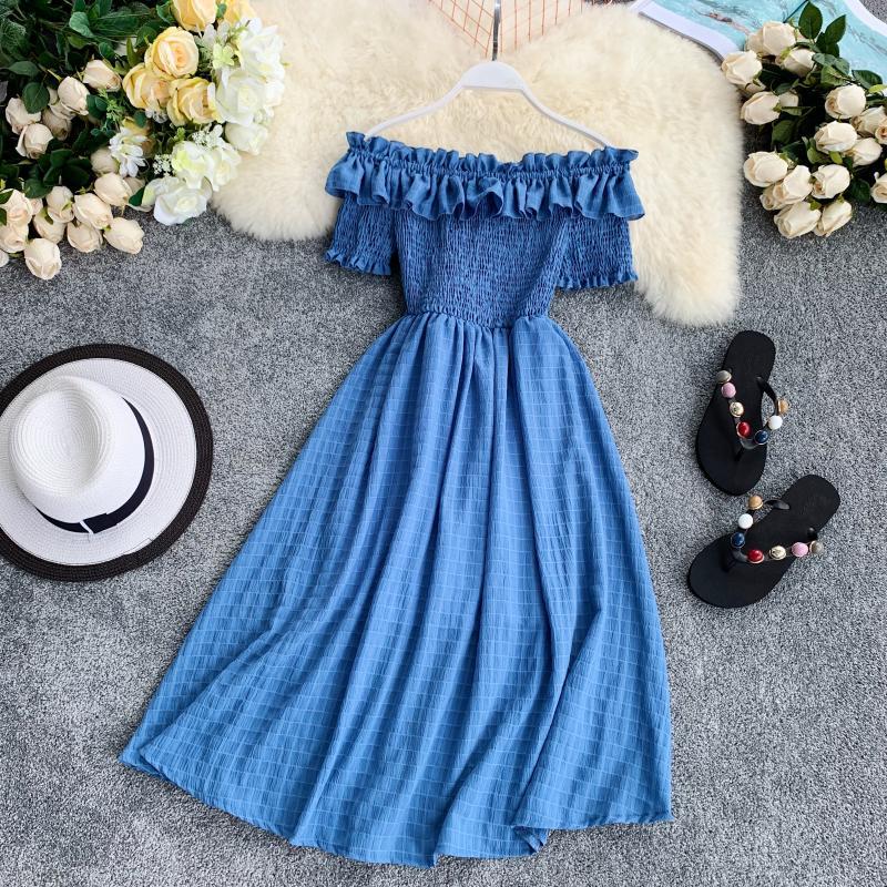 Women Summer Dresses Plaid Slash Neck Off Shouder Solid Vestidos Ruffles A-Line High Waist Dress