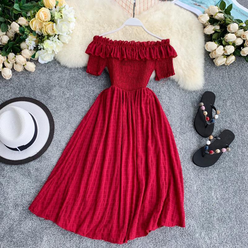 Women Summer Dresses Plaid Slash Neck Off Shouder Solid Vestidos Ruffles A-Line High Waist Dress