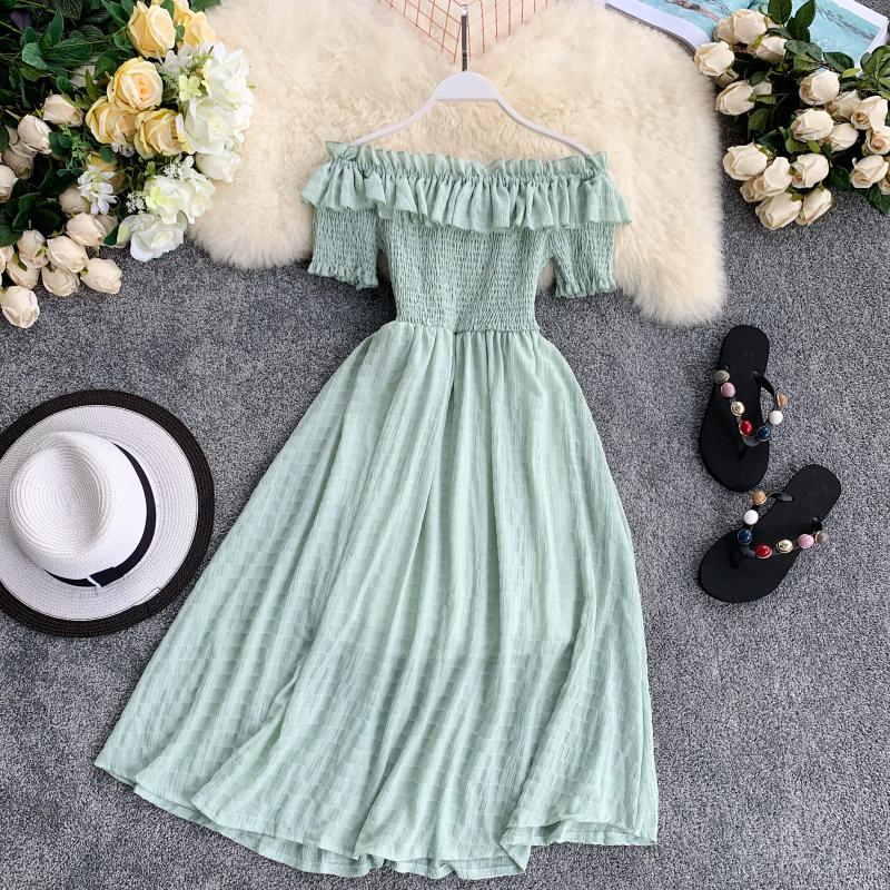 Women Summer Dresses Plaid Slash Neck Off Shouder Solid Vestidos Ruffles A-Line High Waist Dress