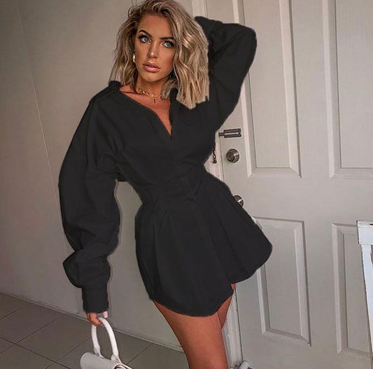 Office Lady Women Femal Ladies Long Sleeve Deep V Shirt Dress Sexy Mini Beach Dress  Elegant Sexy Party Dress