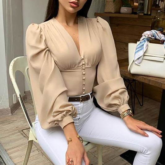 Ladies Elegant Blouse Lantern Long Sleeve Tops Summer V Neck Crop Top Fashion Shirts Women Button Down Blouses New Clothing