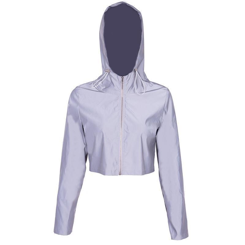 Reflective Boomber Hooded Jacket Women Night Glowing Short Jacket Coat Streetwear Long Sleeve Zipper Outwear