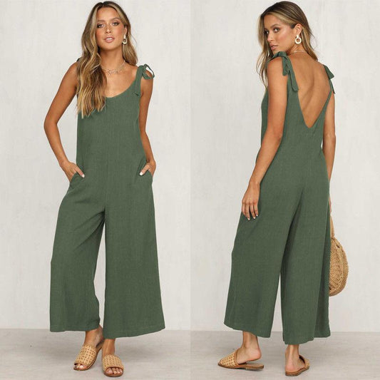 Plain High Waist V Neck Wide Leg Backless Jumpsuitss