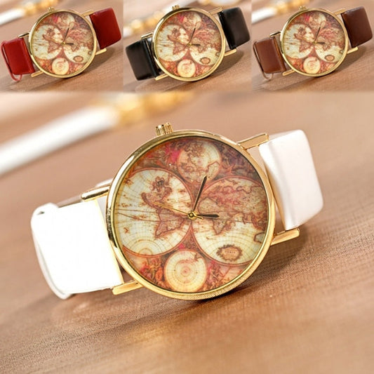 World Map Globe Leather Alloy Unisex Analog Quartz Wristwatch