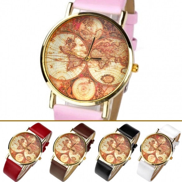 World Map Globe Leather Alloy Unisex Analog Quartz Wristwatch