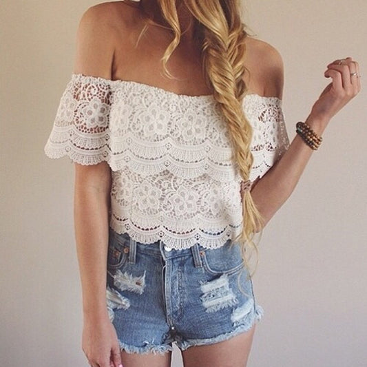 Lace Crochet Off-Shoulder Tee Shirt Blouse