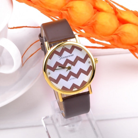 Popular Geneva Stripes Watch PU Leather Analog Quartz Wrist Watches