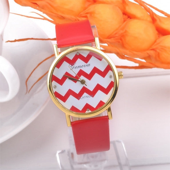 Popular Geneva Stripes Watch PU Leather Analog Quartz Wrist Watches