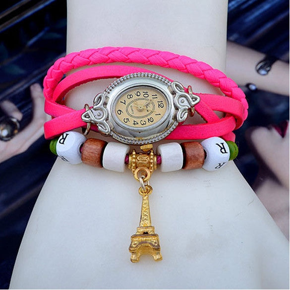 Women's Quartz Tower Pendant Weave Wrap Synthetic Leather Bracelet Wrist Watch