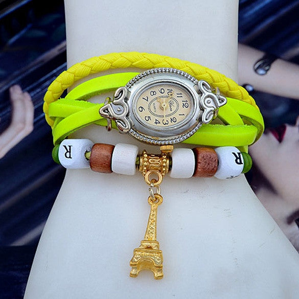 Women's Quartz Tower Pendant Weave Wrap Synthetic Leather Bracelet Wrist Watch