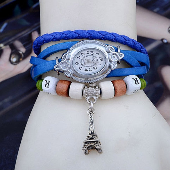 Women's Quartz Tower Pendant Weave Wrap Synthetic Leather Bracelet Wrist Watch