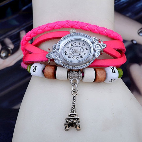 Women's Quartz Tower Pendant Weave Wrap Synthetic Leather Bracelet Wrist Watch