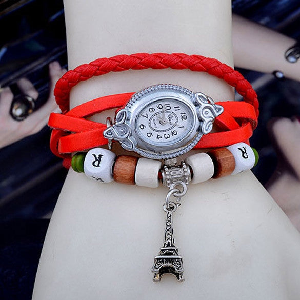 Women's Quartz Tower Pendant Weave Wrap Synthetic Leather Bracelet Wrist Watch