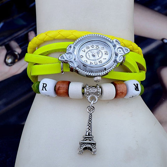 Women's Quartz Tower Pendant Weave Wrap Synthetic Leather Bracelet Wrist Watch