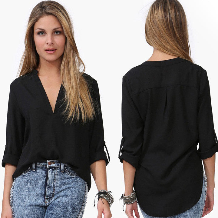 Spring Summer Long Sleeve Chiffon V-neck Blouse - MeetYoursFashion - 3