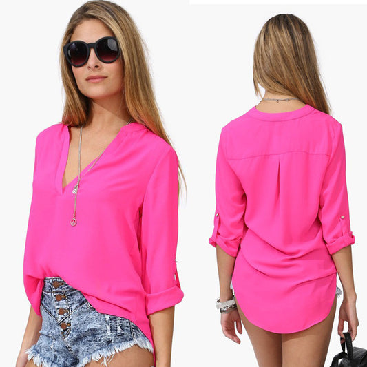 Spring Summer Long Sleeve Chiffon V-neck Blouse