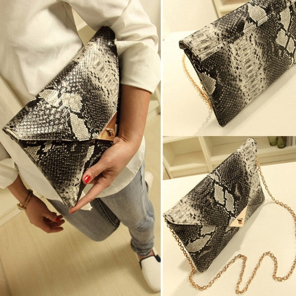 Women Vintage Vogue Snake Skin Envelope Bag Day Clutches Purse Evening Bag