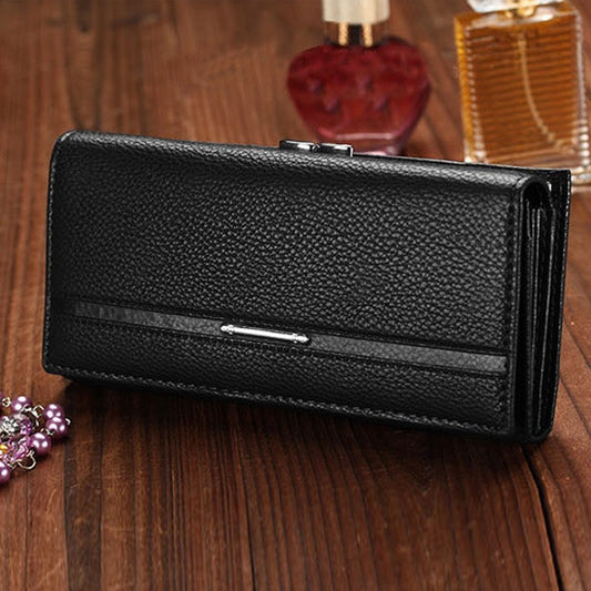 Women Leather Button Bowknot Purse Clutch Fashion Synthetic Long Handbag