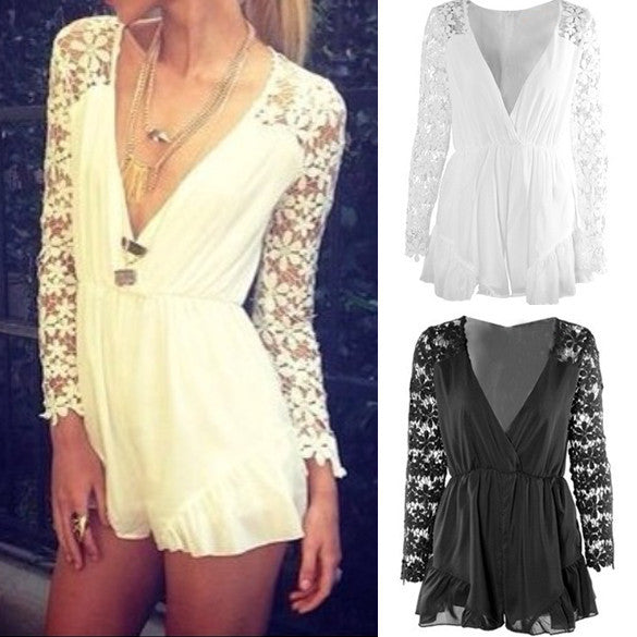 V-neck Long Sleeves Lace Chiffon Short Jumpsuits - MeetYoursFashion - 1