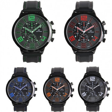 Men Sport Round Dial Quartz Black Rubber Strap Wrist Watch Large Display