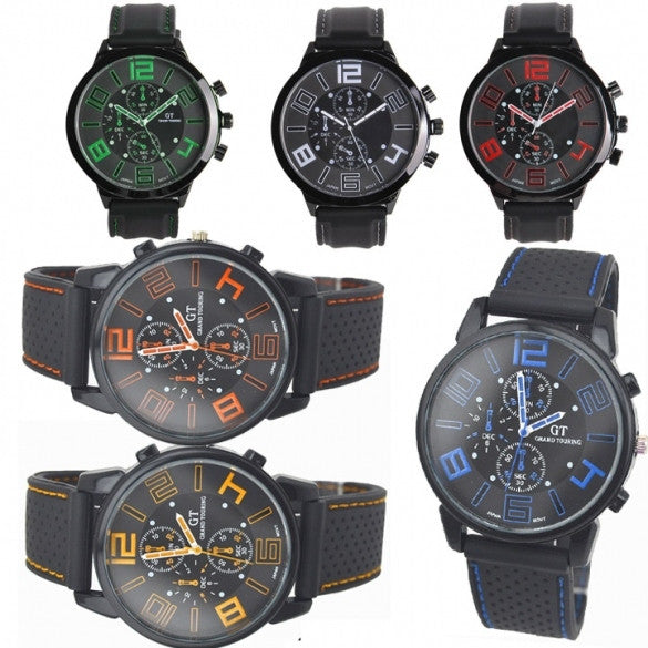 Men Sport Round Dial Quartz Black Rubber Strap Wrist Watch Large Display