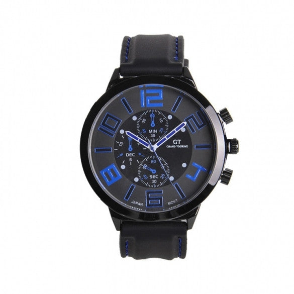 Men Sport Round Dial Quartz Black Rubber Strap Wrist Watch Large Display