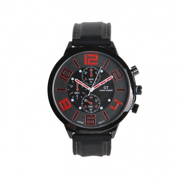 Men Sport Round Dial Quartz Black Rubber Strap Wrist Watch Large Display