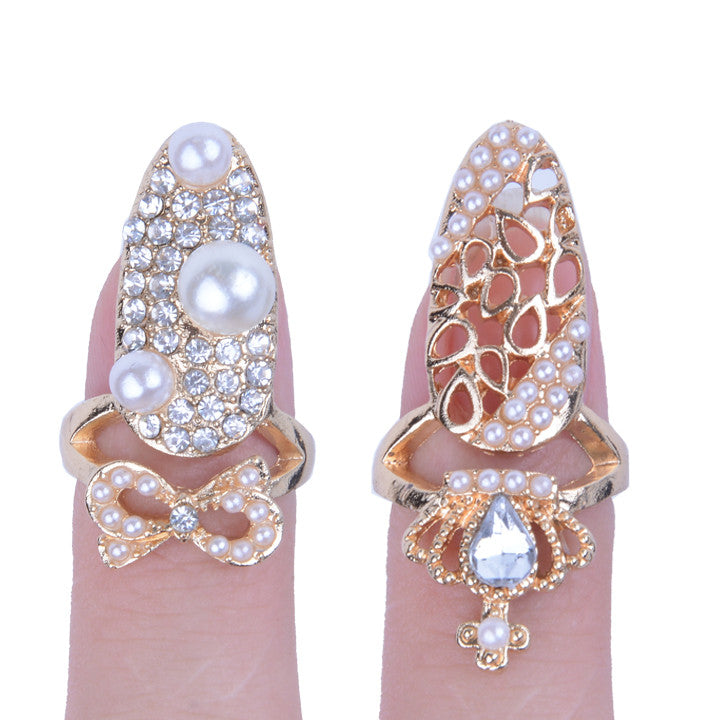 Fashion Bowknot Crown Crystal Finger Nail Art Ring Jewelry Fake Nail Art Finger