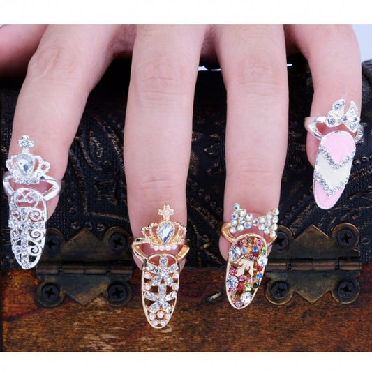 Fashion Bowknot Crystal Finger Nail Art Ring Jewelry Fake Nail Art Finger Rings