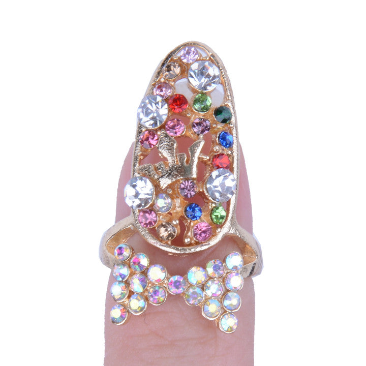 Fashion Bowknot Crystal Finger Nail Art Ring Jewelry Fake Nail Art Finger Rings