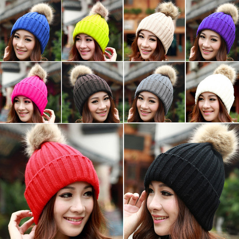 New Women's Knit Cap Beanie Hat With Fur Winter Slouch Elastic