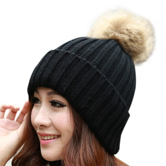 New Women's Knit Cap Beanie Hat With Fur Winter Slouch Elastic