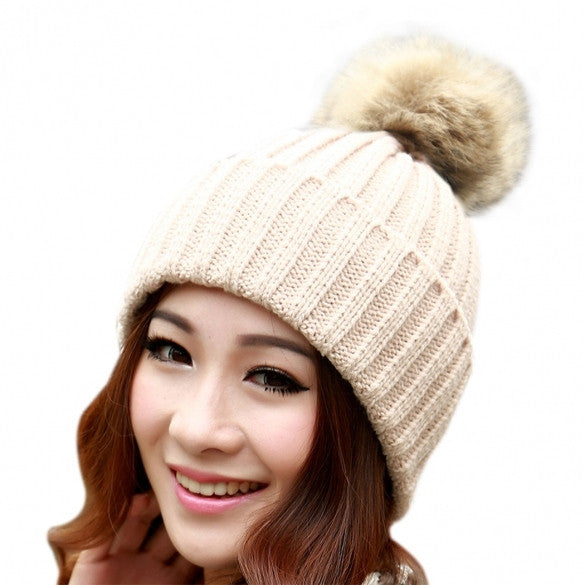 New Women's Knit Cap Beanie Hat With Fur Winter Slouch Elastic