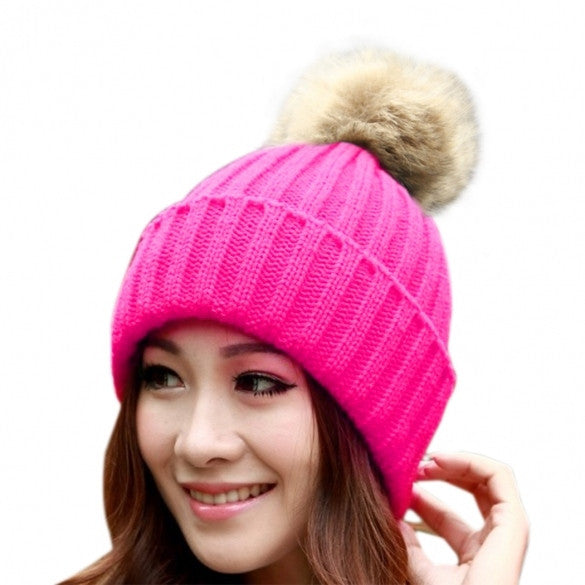 New Women's Knit Cap Beanie Hat With Fur Winter Slouch Elastic