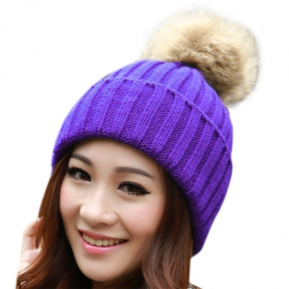 New Women's Knit Cap Beanie Hat With Fur Winter Slouch Elastic