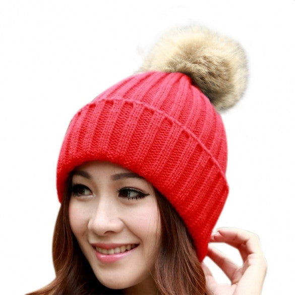 New Women's Knit Cap Beanie Hat With Fur Winter Slouch Elastic